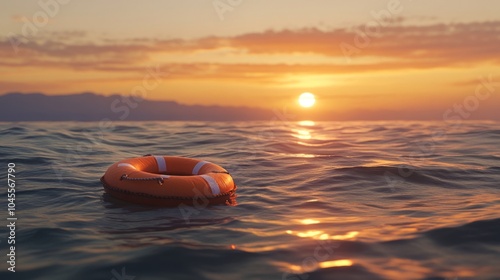 An orange lifebuoy floats in the ocean at sunset photo