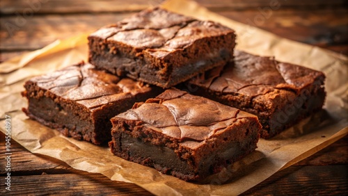 A stack of fudgy brownies on parchment paper, glistening with chocolate and ready to be devoured.