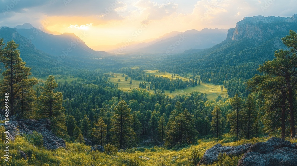 Fototapeta premium A serene landscape featuring mountains, valleys, and lush greenery at sunset.