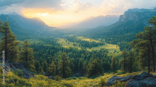 A serene landscape featuring mountains, valleys, and lush greenery at sunset.