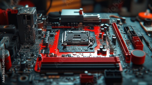 Close-up of a red computer motherboard with CPU socket.