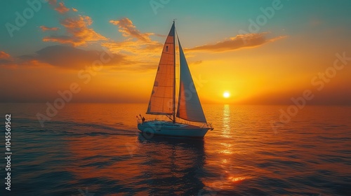 sailboat gracefully gliding across the ocean at sunset with the sun sinking behind the horizon creating a serene and breathtaking maritime scene filled with vibrant colors