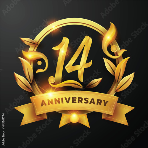 14th Anniversary design a golden ribbon and golden leaf Decorated around the number '14' on a black background. Perfect for celebrating milestones or promoting anniversary events with a luxurious.