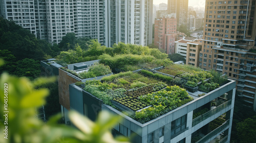 urban rooftop filled with thriving green plants and vegetables, showing how cities can embrace sustainability. Highlight clean air and eco-friendly living in a cityscape  #1045569929