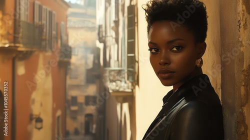 A Black woman with shortcropped hair and strong features wandering through the alleys of an old European city, her presence commanding attention photo