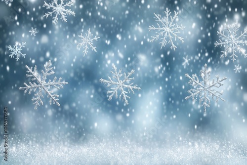 Dreamy light blue background with falling snowflakes, creating a soft and atmospheric winter scene.