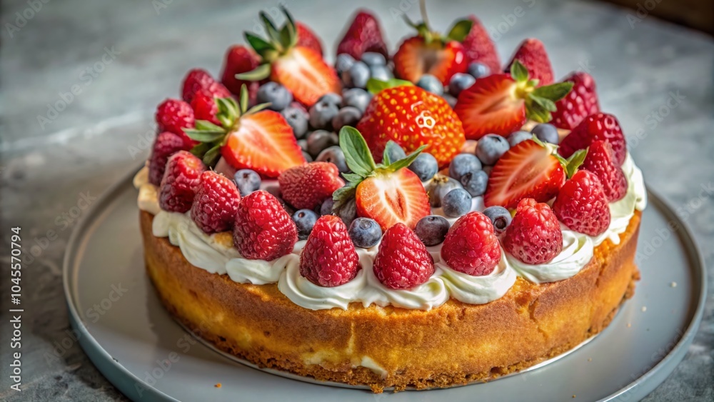 Cake Decoration with Fresh Berries - A Close-Up of Strawberries and Raspberries on a Beautifully Frosted Cake Cake Decoration with Fresh Berries - A Close-Up of Strawberries and Raspberries on a Beautifully Frosted Cake