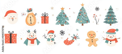 Cute Christmas illustrations featuring festive elements like snowmen, Christmas trees, and gift boxes showcasing holiday cheer
