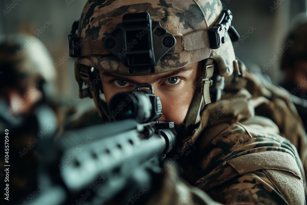 Close-up of soldier intensely focusing through a rifle scope conveying precision and determination. Close-up of soldier intensely focusing through a rifle scope conveying precision and determination.