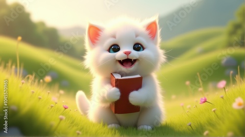 A fluffy white kitten holds a book while sitting on a vibrant meadow, radiating joy and curiosity under a soft morning light.