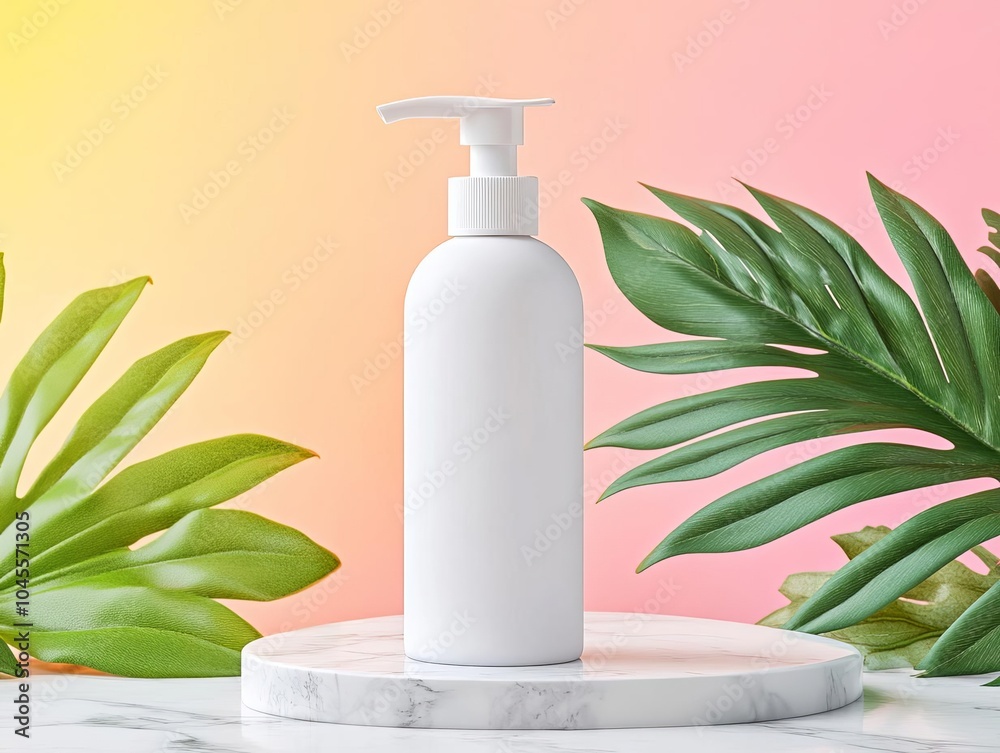 Elegant blank sunscreen pump bottle placed on marble with a tropical sunset in the background, sunscreen pump bottle, luxury skincare branding