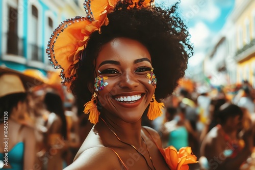 A Black woman with a wide, infectious grin dancing in the streets of Rio during Carnival, her joyful energy captivating the moment
