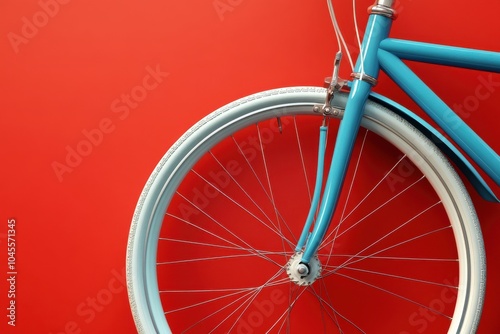 Close-up of a bright blue bicycle wheel against a vivid red background, emphasizing modern design and color contrast photo