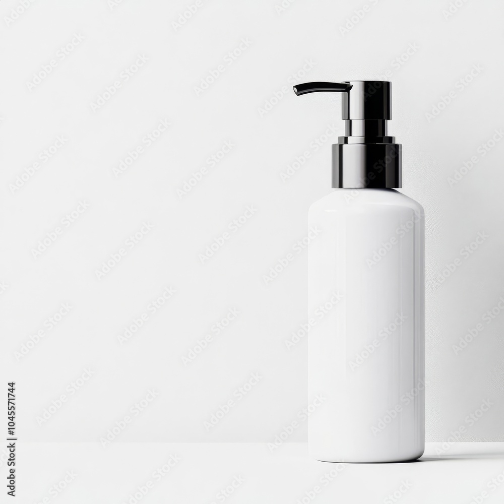 Minimalist blank sunscreen pump bottle standing on a clean white background with soft shadows, sunscreen pump bottle, sleek skincare packaging Minimalist blank sunscreen pump bottle standing on a clean white background with soft shadows, sunscreen pump bottle, sleek skincare packaging