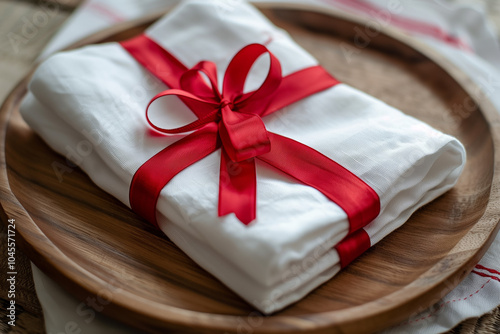 A white linen napkin wrapped in red ribbon.