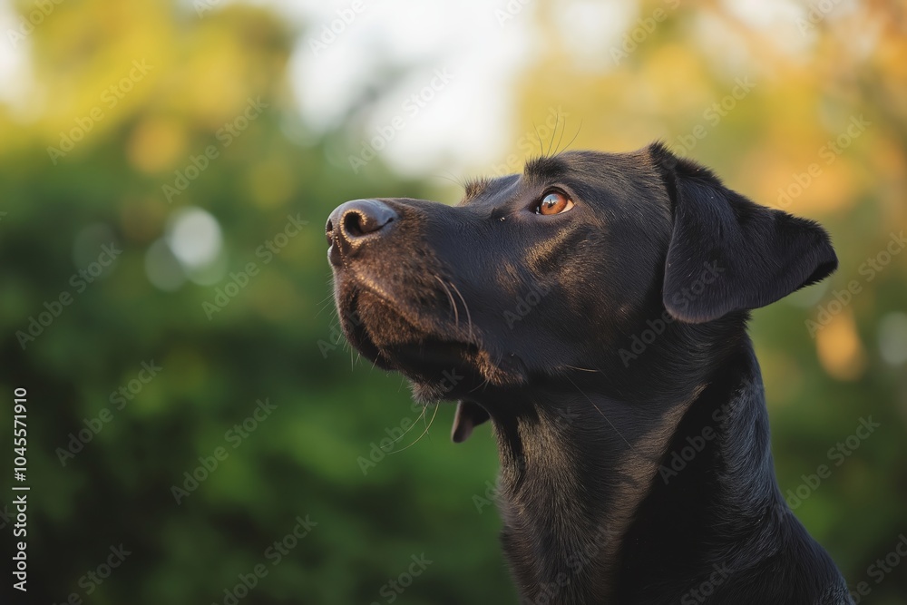A black Labrador retriever looking attentively in sunlit surroundings showcasing its shiny coat. A black Labrador retriever looking attentively in sunlit surroundings showcasing its shiny coat.