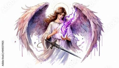 angel Zadkiel, Angel of mercy, often shown with a dagger or a violet flame, representing forgiveness and transformation. in watercolor illustration photo