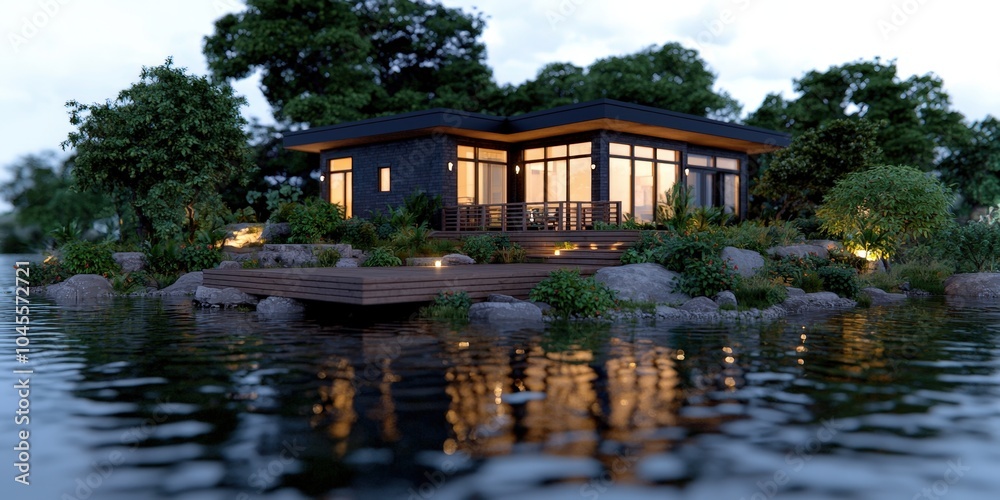 Modern Lakefront Cabin with Deck and Water Reflection Modern Lakefront Cabin with Deck and Water Reflection