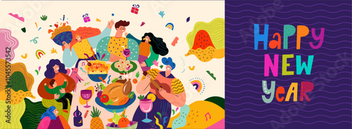 Happy New Year vector illustration. Happy people in a friendly company celebrate the New Year. Traditional holiday dinner in the family circle. Holiday New Year party. Christmas decorative banner 