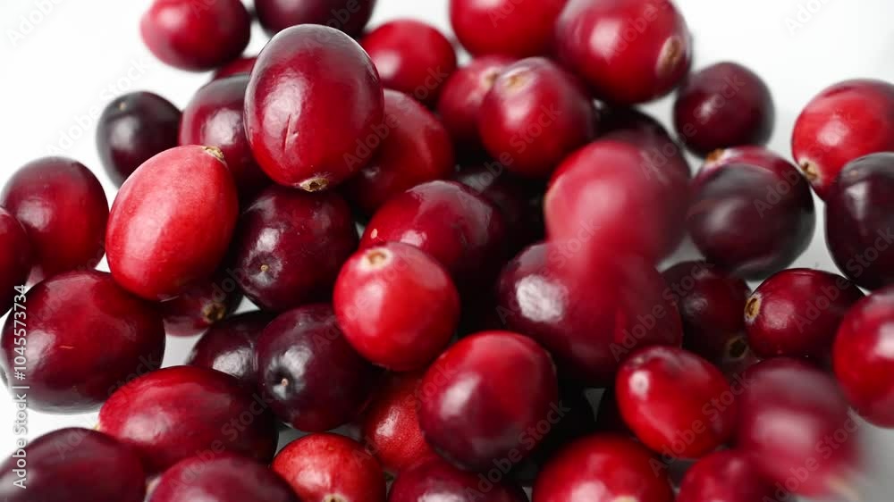 Lingonberries on a white background. Berries are pouring into a plate, close-up. Lingonberries on a white background. Berries are pouring into a plate, close-up.