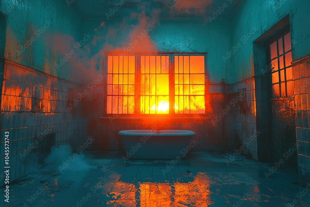 Fototapeta premium A Bathtub in a Dark and Abandoned Bathroom with an Orange Glow from the Window