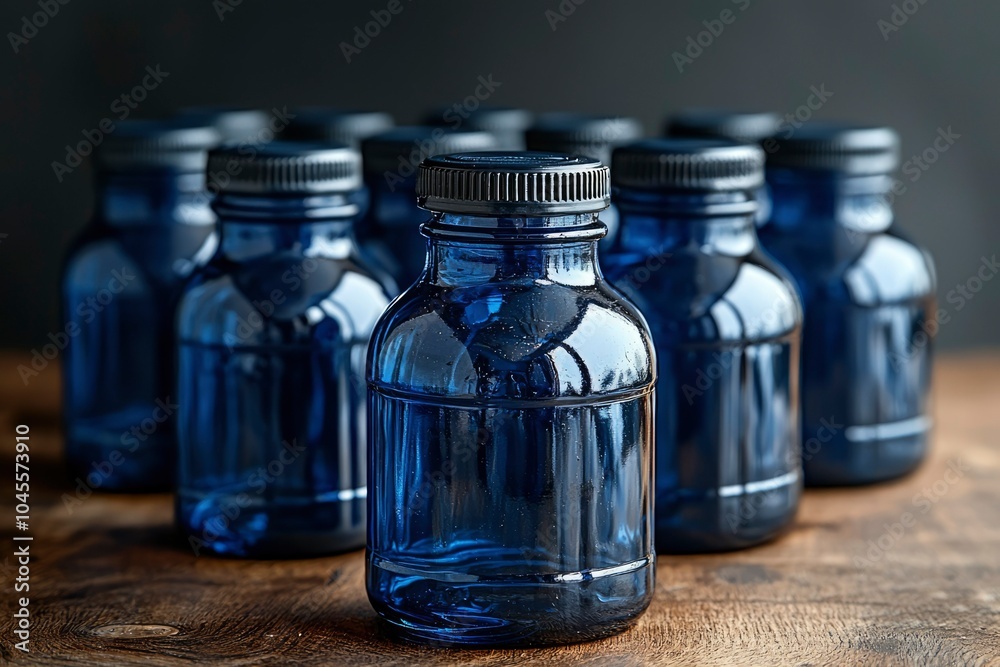 A Row of Blue Glass Bottles on a Wooden Surface A Row of Blue Glass Bottles on a Wooden Surface
