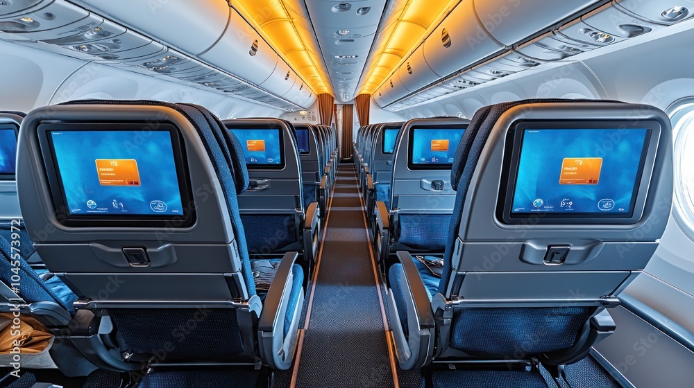 Empty airplane cabin with rows of seats and overhead entertainment screens. Empty airplane cabin with rows of seats and overhead entertainment screens.