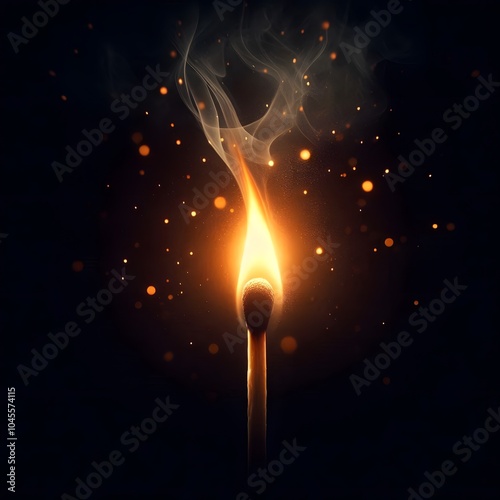 Glowing Matchstick With Smoke and Sparks on Black Background