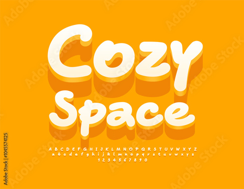 Vector cute template Cozy Space. Funny White 3D Font. Playful Alphabet Letters and  Numbers set.