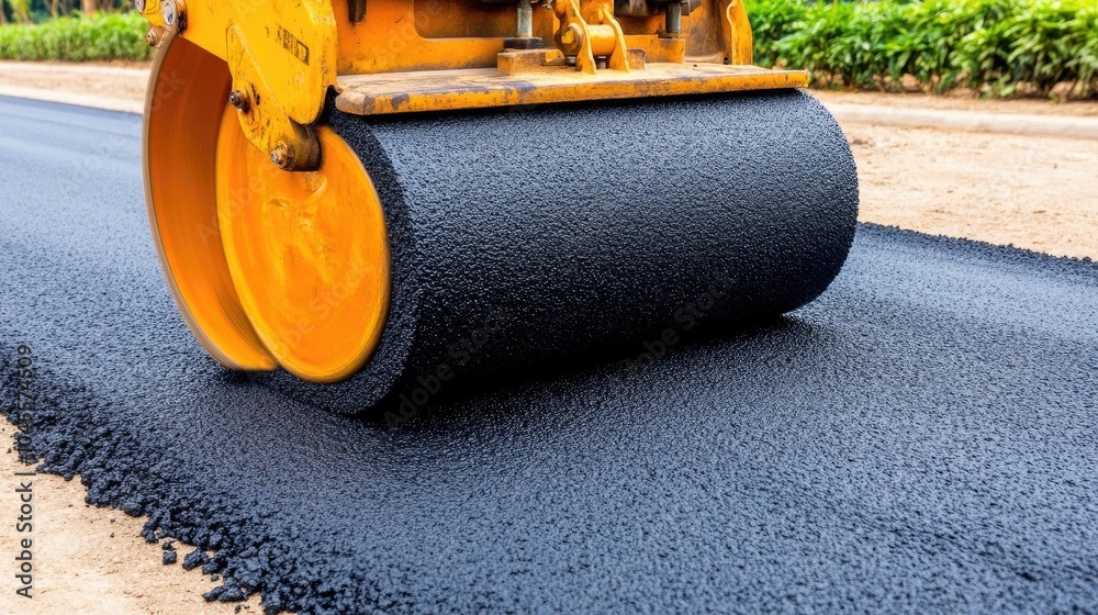 Highway construction in progress as a roller compacts freshly laid asphalt on a sunny day, highlighting road development efforts Highway construction in progress as a roller compacts freshly laid asphalt on a sunny day, highlighting road development efforts