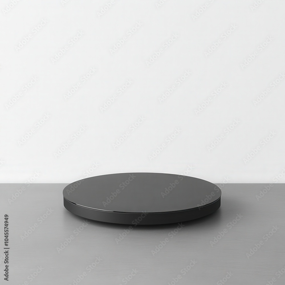 black round 3D stand on a gray surface against a white background, simple and sleek design black round 3D stand on a gray surface against a white background, simple and sleek design