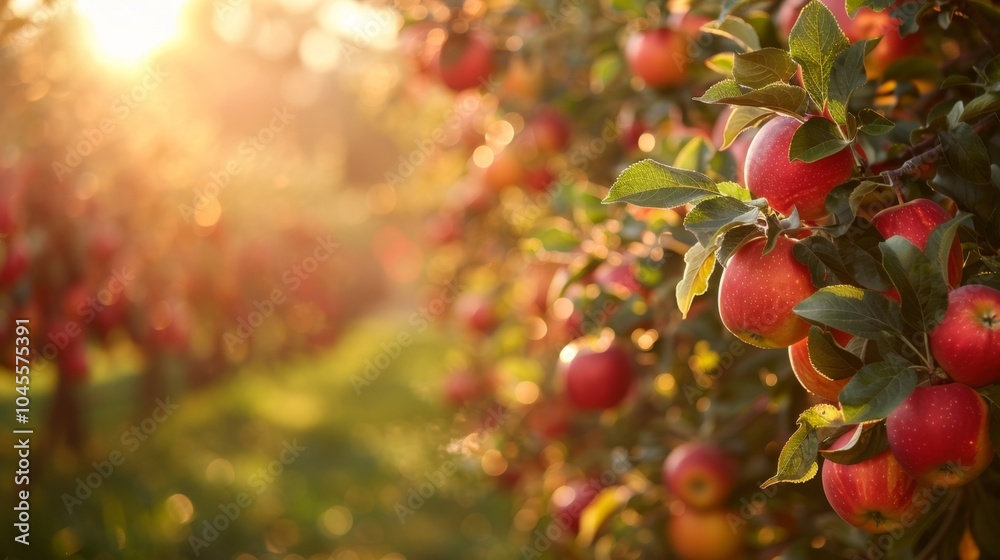 Sunlit Apple Orchard with Ripe Apples in Focus During a Golden Afternoon Sunlit Apple Orchard with Ripe Apples in Focus During a Golden Afternoon