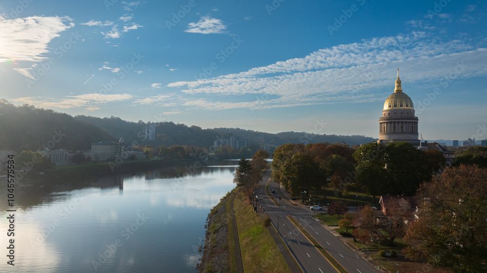 West Virginia State Capitol Building at Sunrise Over Kanawha River