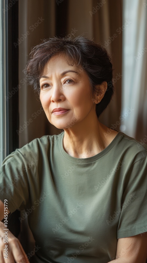 An Asian senior woman relaxes in a cozy café, enjoying the warm sunlight streaming in An Asian senior woman relaxes in a cozy café, enjoying the warm sunlight streaming in