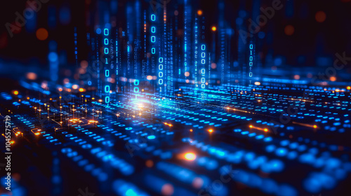 A vibrant digital scene depicting flowing streams of binary code and light patterns, symbolizing data transfer and the interconnected world of technology and cyberspace.
