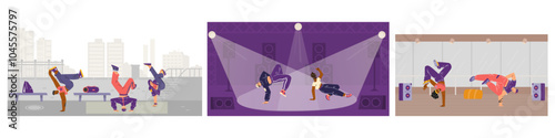 Break dancers dynamic poses on the street, on stage vector cartoon set, teenagers hip hop performance boy girl dancing