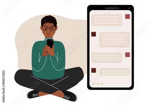 A man sits and holds a phone. The correspondence is visible on the screen. Concept of chat, sms, service, technical support. Vector flat illustration.