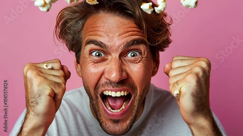 Excited man celebrating with clenched fists and popcorn flying in the air, expressing joy and enthusiasm against a pink background photo