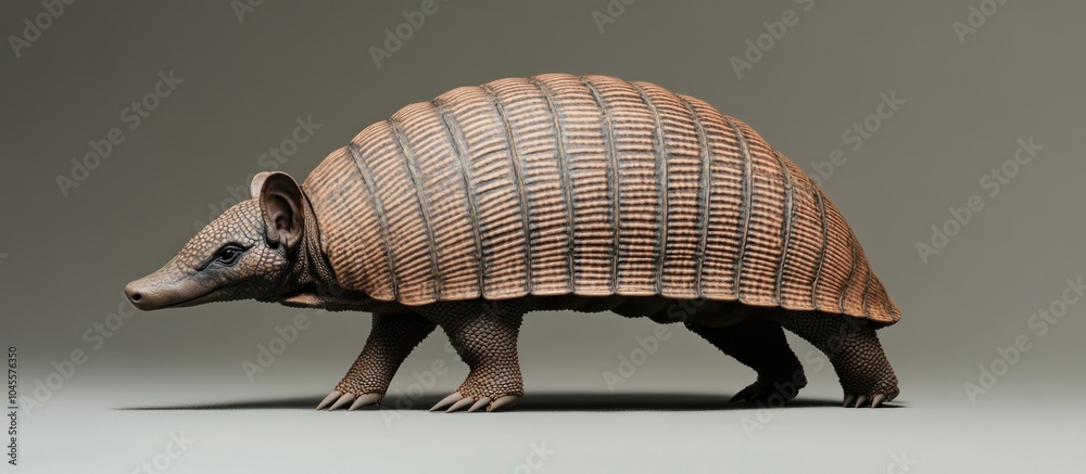 Obraz premium A brown armadillo walks on a light grey background, viewed from the side.