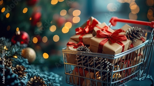 A shopping card stuffed with gifts. A grocery cart filled with red-bowded gift boxes. Minimalist concept for Christmas and New Year's sale. Items in the shopping cart for toys