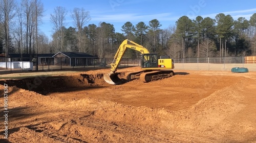 A vibrant yellow excavator excavates earth and sand at a busy construction site beneath a clear blue sky surrounded by lush trees