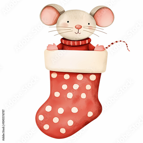 festive mouse peeks out of red polka dot stocking, spreading holiday cheer photo