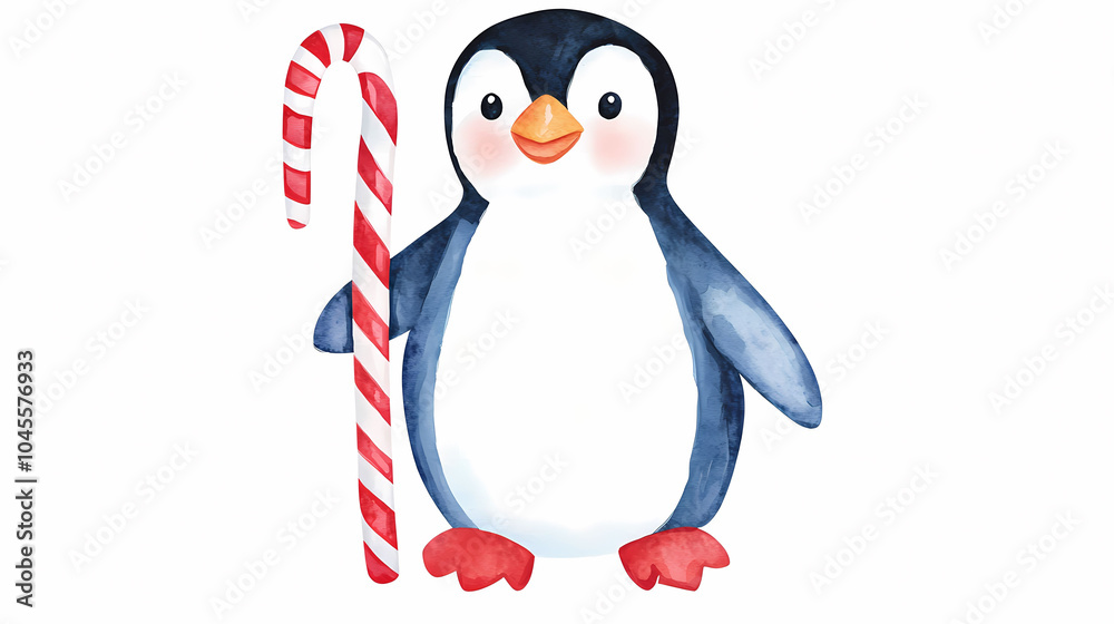 Fototapeta premium Cute penguin holding candy cane, perfect for festive designs
