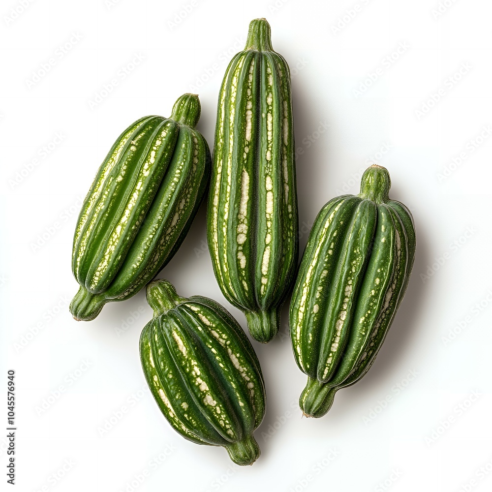 Four green striped gourds arranged on a white background. Four green striped gourds arranged on a white background.