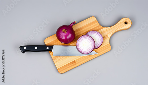 Board with sharp knife and cut onion on grey background, flat lay isolated with white highlights, png photo