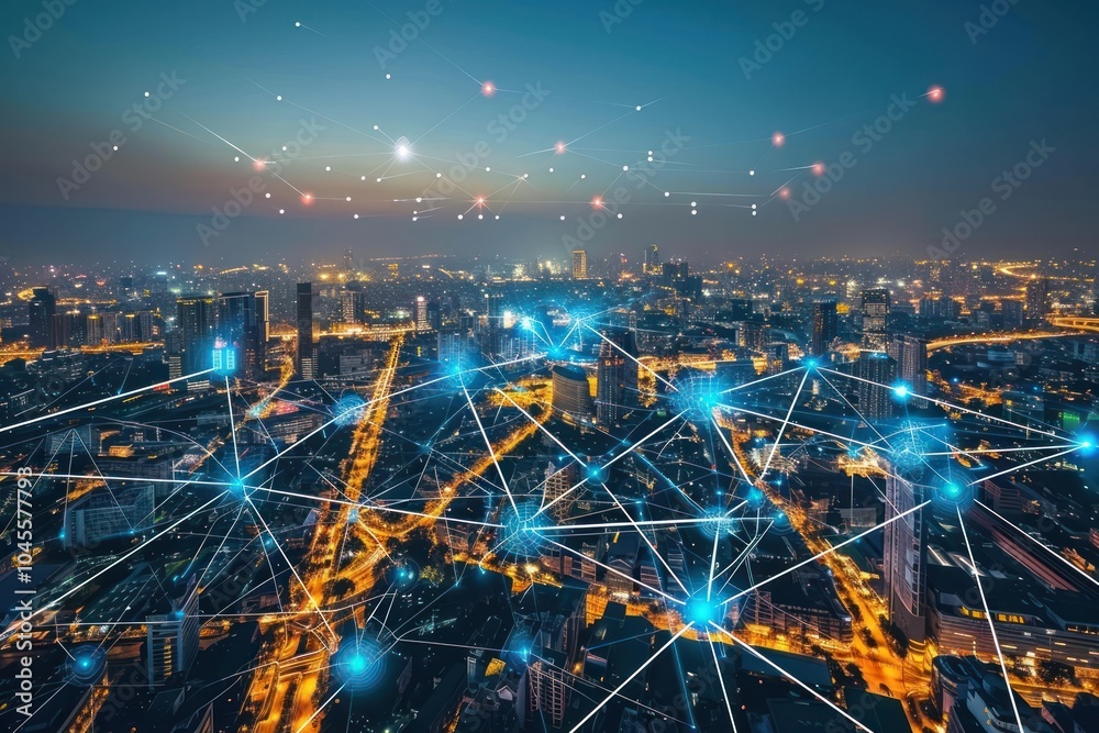 Obraz premium Smart city concept with network connection urban cityscape.