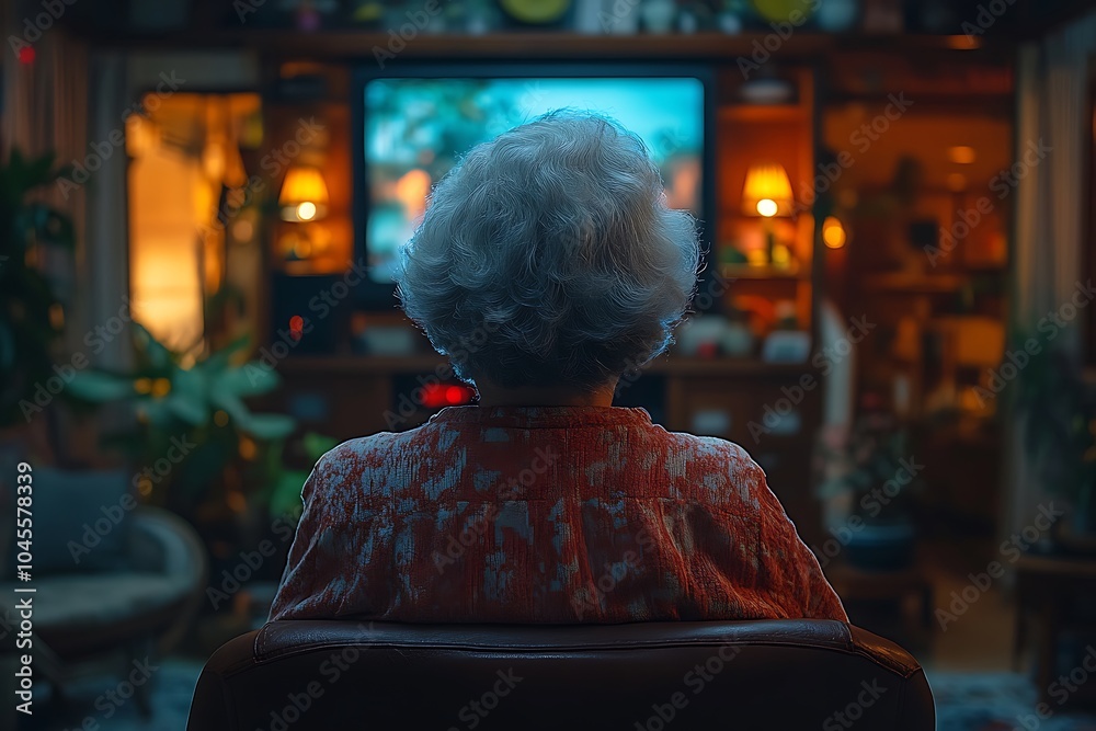 Elderly woman watching television in a cozy living room at night. Elderly woman watching television in a cozy living room at night.