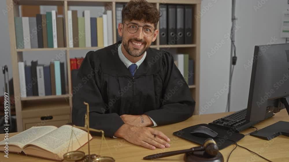 Young, caucasian, man in judge robe sits at desk in indoor office with books and computer in the background Young, caucasian, man in judge robe sits at desk in indoor office with books and computer in the background