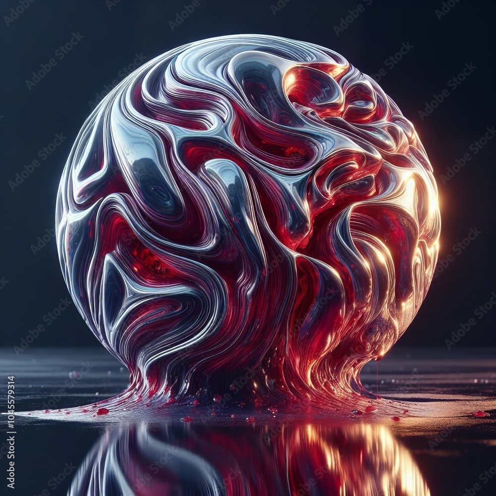 Obraz premium Glossy Red and Black Swirled Abstract Sphere with Intricate Design, Showcasing Dynamic and Modern Digital Artistry