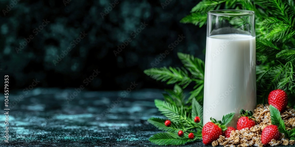 Granola Milk Strawberries Healthy Breakfast Food Photography Tabletop Still Life Granola Milk Strawberries Healthy Breakfast Food Photography Tabletop Still Life